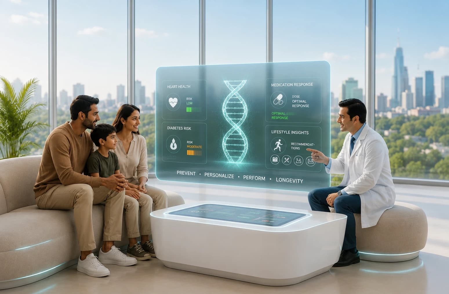 A family reviewing their genomic health insights with a doctor